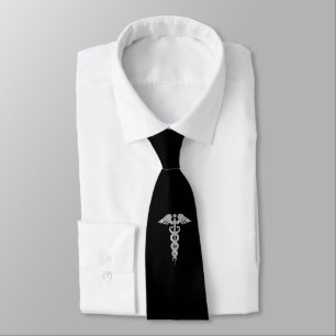 Medical Silver Grey Caduceus on Black Tie