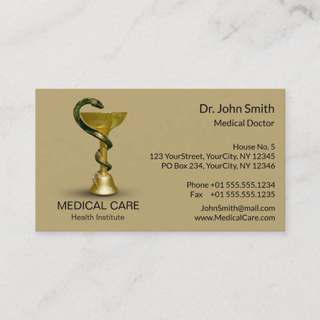 Medical Snake Bowl Hygieia Gold Beige Caduceus Business Card (Front)