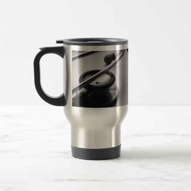 Medical Stethoscope, Black and White Travel Mug (Left)
