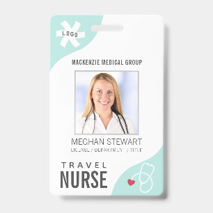 Medical Stethoscope Editable Mint TRAVEL NURSE ID Badge