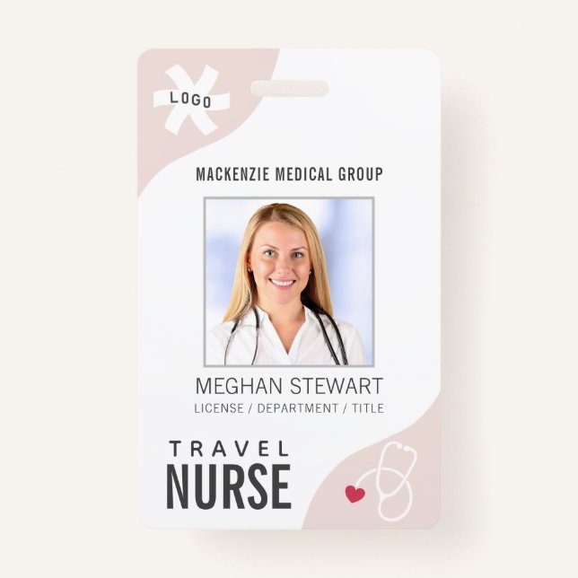 Medical Stethoscope Editable Pink TRAVEL NURSE ID Badge (Front)