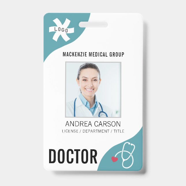 Medical Stethoscope Editable Teal DOCTOR ID Badge (Front)