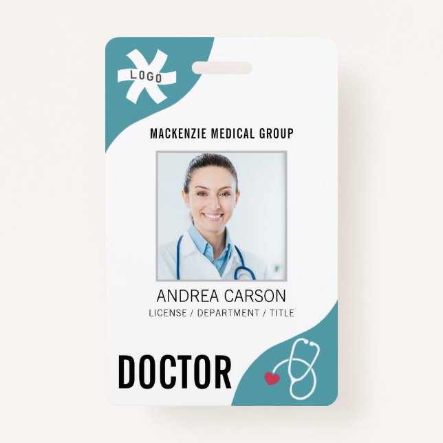 Medical Stethoscope Editable Teal DOCTOR ID Badge (Front)