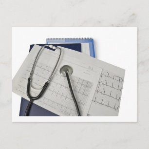 medical stethoscope on cardiogram EKG readings Postcard