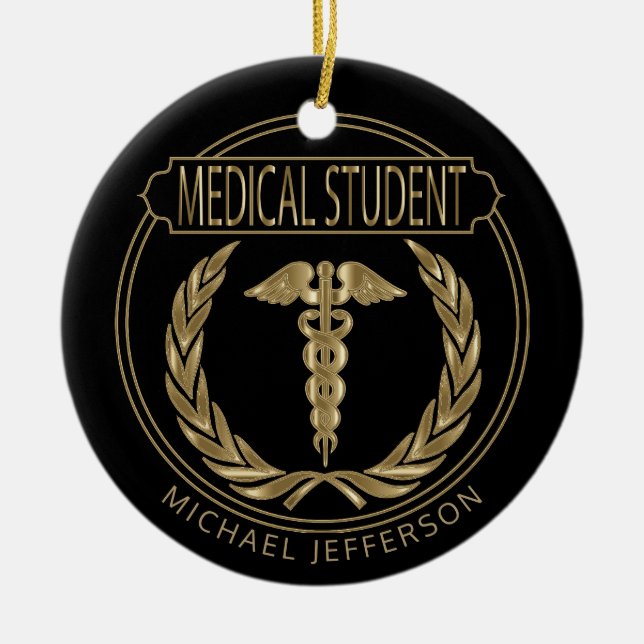 Medical Student 👨‍⚕️ - Classy Black and Gold Ceramic Tree Decoration (Front)