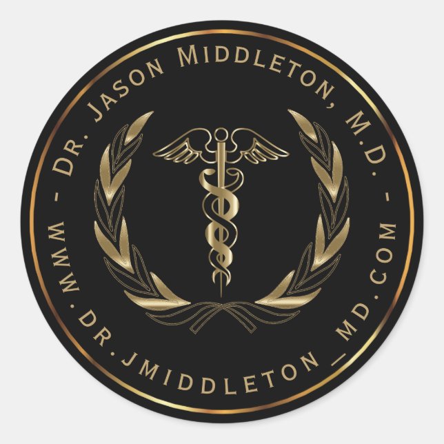 Medical Symbol- Black and Gold Classic Round Sticker (Front)