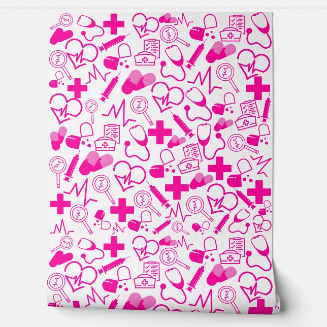 Medical Theme pink Peel and Stick Healthcare Decor Wallpaper (Unrolling)