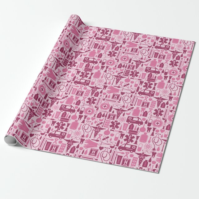Medical Themed Pink RN Nurse Graduation Wrapping Paper (Unrolled)