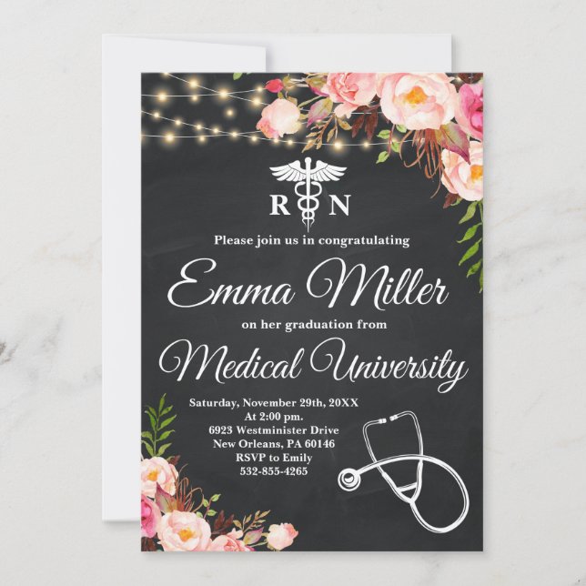 Medical University Boho Floral Graduation Invitation (Front)
