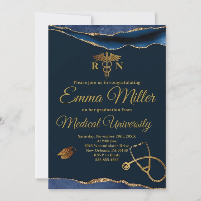 Medical University Navy Blue and Gold Graduation Invitation (Front)