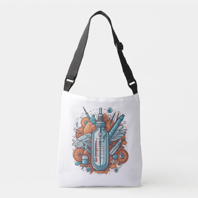 Medical Vial Art – Syringe & Pill Bottle Wings Crossbody Bag (Front)