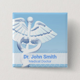 Medical White 3D Caduceus Blue Design 15 Cm Square Badge