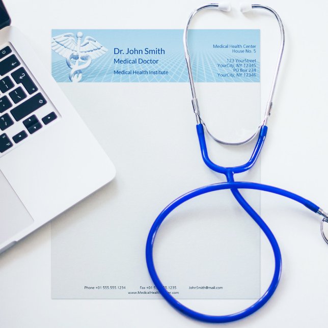 Medical White 3D Caduceus Blue Design Custom Letterhead (Creator Uploaded)