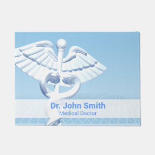 Medical White 3D Caduceus Blue Design Doormat