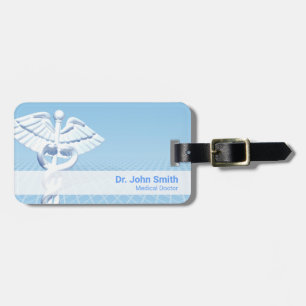 Medical White 3D Caduceus Blue Design Luggage Tag
