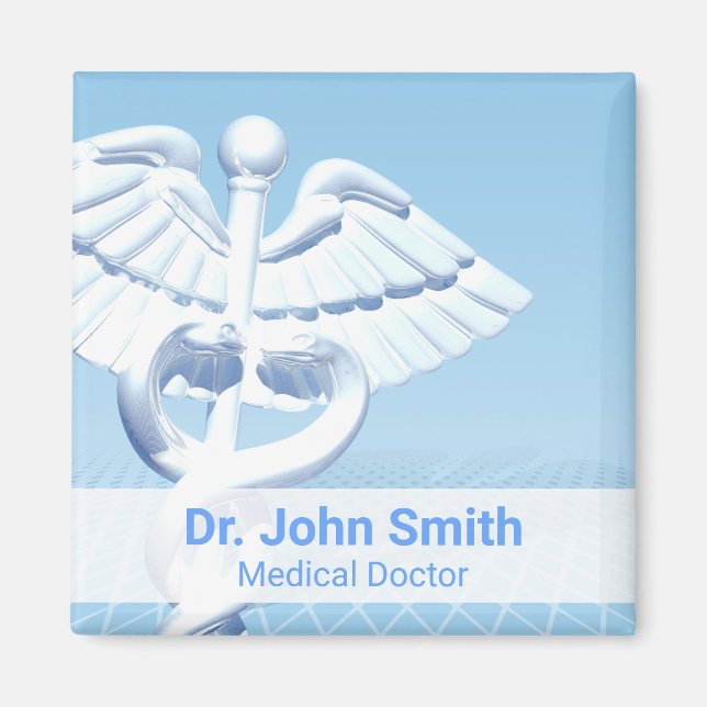 Medical White 3D Caduceus Blue Design Magnet (Front)