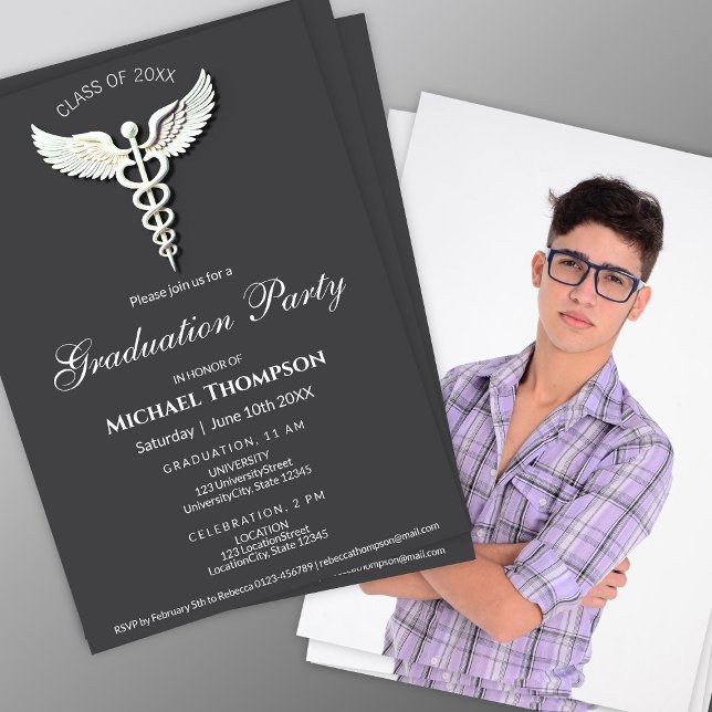 Medical White Caduceus Anthracite Photo Graduation Invitation (Creator Uploaded)