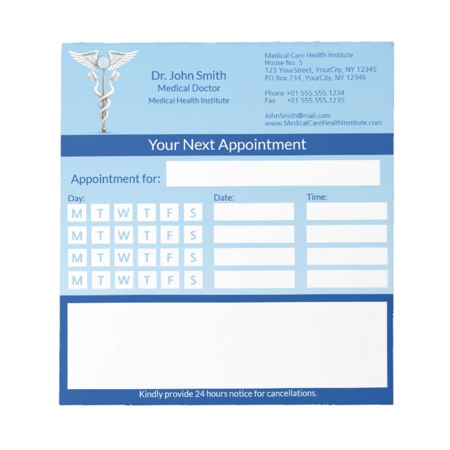 Medical White Caduceus Dental Appointment Notepad (Front)