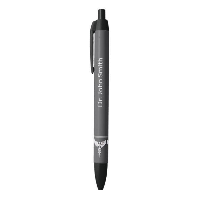 Medical White Clean Detailed Caduceus Warm Grey Black Ink Pen (Top (Vertical))