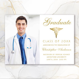 Medical White Gold Script Cap Photo Graduation Announcement
