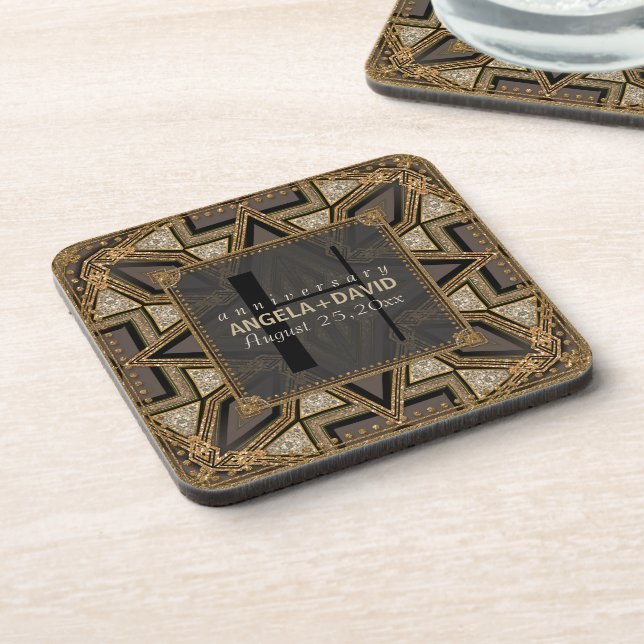 Mediev Art Deco Black Gold Wedding Anniversary Coaster (Left Side)