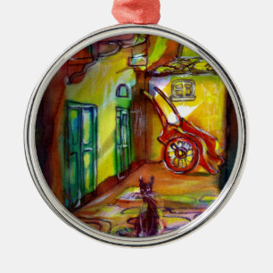 MEDIEVAL ALLEY BY NIGHT IN FLORENCE WITH BLACK CAT METAL TREE DECORATION