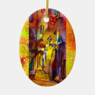 MEDIEVAL ALLEYS  BY NIGHT IN FLORENCE CERAMIC TREE DECORATION