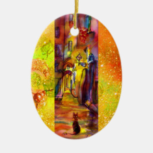 MEDIEVAL ALLEYS  BY NIGHT IN FLORENCE CERAMIC TREE DECORATION