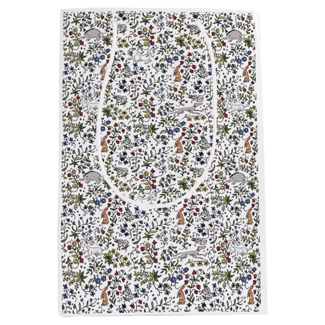Medieval animals mille fleurs white gift bag (Front)