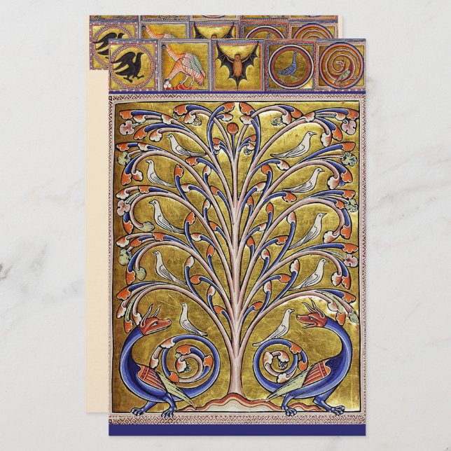 MEDIEVAL BESTIARY,BIRDS ON TREE OF LIFE,DRAGONS STATIONERY (Front/Back)