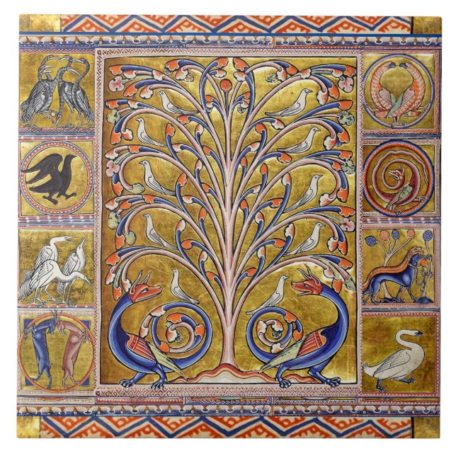 MEDIEVAL BESTIARY,BIRDS ON TREE OF LIFE,DRAGONS  TILE (Front)