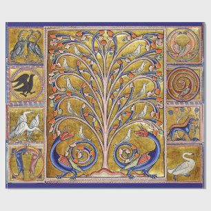 MEDIEVAL BESTIARY,BIRDS ON TREE OF LIFE,DRAGONS  WRAPPING PAPER