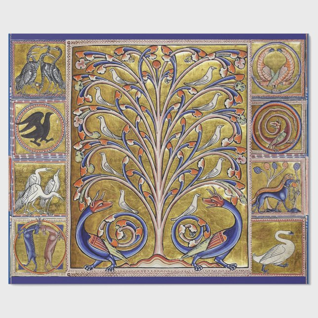 MEDIEVAL BESTIARY,BIRDS ON TREE OF LIFE,DRAGONS  WRAPPING PAPER (Flat)