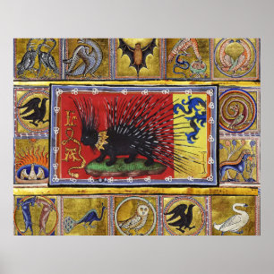 MEDIEVAL BESTIARY,BLACK HEDGEHOG KING and ANIMALS  Poster