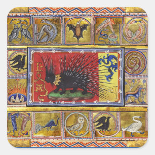 MEDIEVAL BESTIARY,BLACK HEDGEHOG KING and ANIMALS  Square Sticker