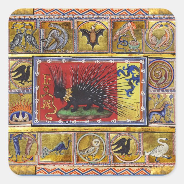 MEDIEVAL BESTIARY,BLACK HEDGEHOG KING and ANIMALS  Square Sticker (Front)