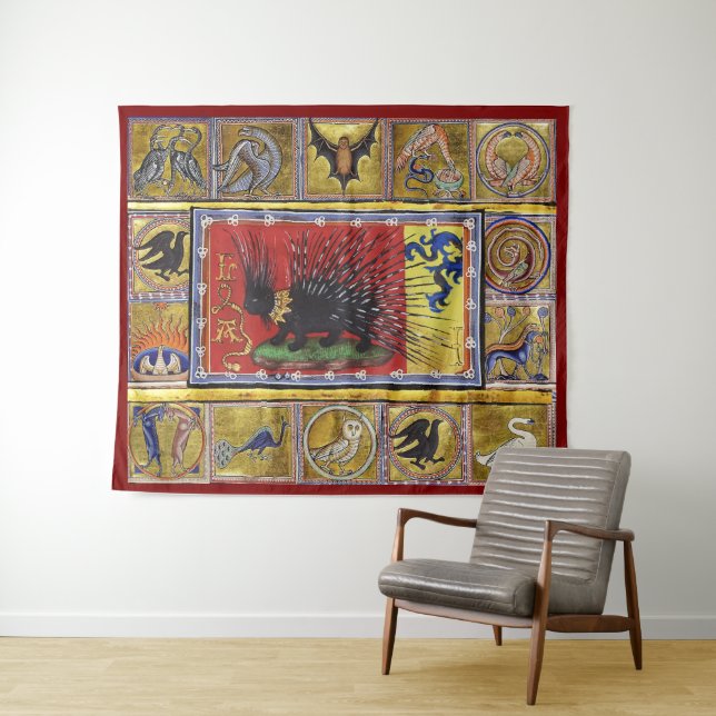 MEDIEVAL BESTIARY,BLACK HEDGEHOG KING and ANIMALS  Tapestry (In Situ (Horizontal))