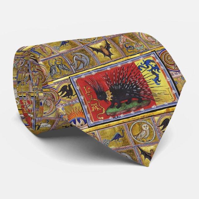 MEDIEVAL BESTIARY,BLACK HEDGEHOG KING and ANIMALS  Tie (Rolled)
