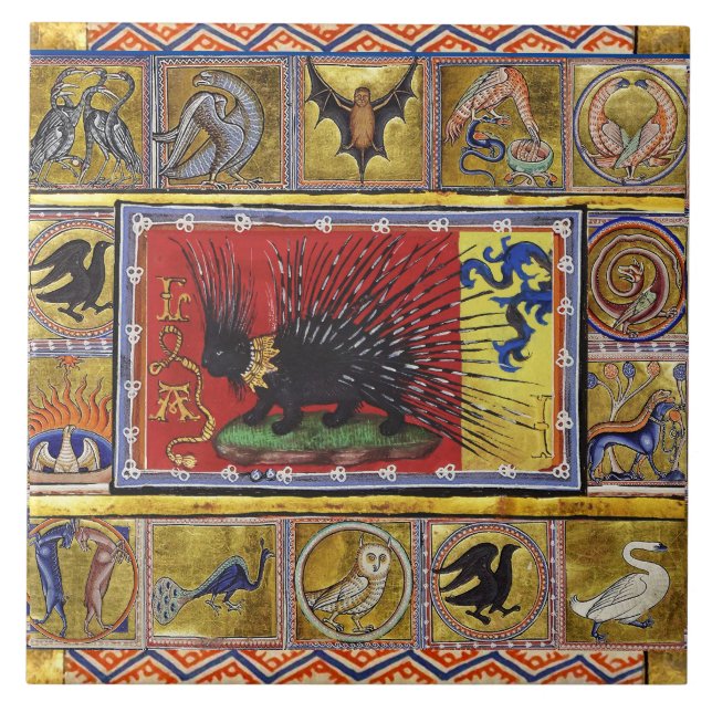 MEDIEVAL BESTIARY,BLACK HEDGEHOG KING and ANIMALS  Tile (Front)