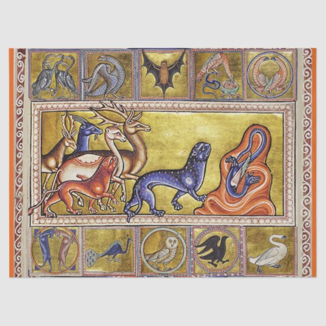 MEDIEVAL BESTIARY,DEERS,GOAT,CAMEL PANTHER,DRAGON TISSUE PAPER (Front)