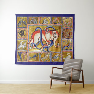 MEDIEVAL BESTIARY,ELEPHANT COMBATTING SNAKE DRAGON TAPESTRY