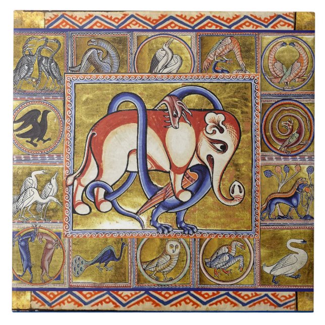 MEDIEVAL BESTIARY,ELEPHANT COMBATTING SNAKE DRAGON TILE (Front)