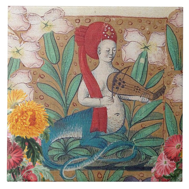 MEDIEVAL BESTIARY,FAIRY MELLUSINA MAKING MUSIC  TILE (Front)