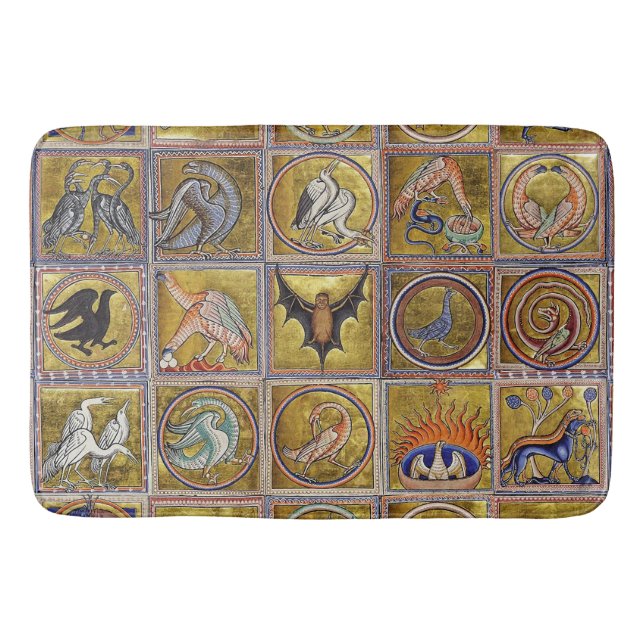 MEDIEVAL BESTIARY, FANTASTIC ANIMALS,GOLD RED BLUE BATH MAT (Front)
