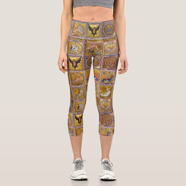 MEDIEVAL BESTIARY, FANTASTIC ANIMALS,GOLD RED BLUE CAPRI LEGGINGS (Front)