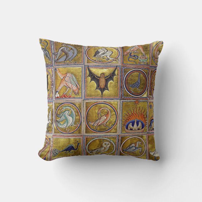 MEDIEVAL BESTIARY, FANTASTIC ANIMALS,GOLD RED BLUE CUSHION (Front)