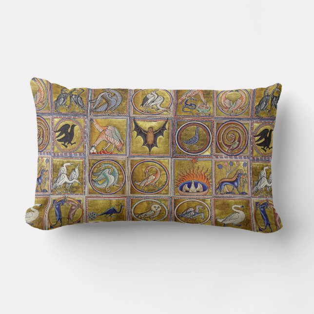 MEDIEVAL BESTIARY, FANTASTIC ANIMALS,GOLD RED BLUE LUMBAR CUSHION (Front)