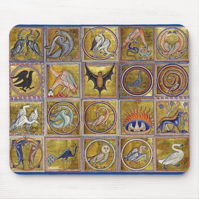 MEDIEVAL BESTIARY, FANTASTIC ANIMALS,GOLD RED BLUE MOUSE MAT (Front)