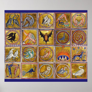 MEDIEVAL BESTIARY, FANTASTIC ANIMALS,GOLD RED BLUE POSTER