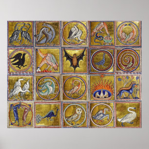 MEDIEVAL BESTIARY, FANTASTIC ANIMALS,GOLD RED BLUE POSTER